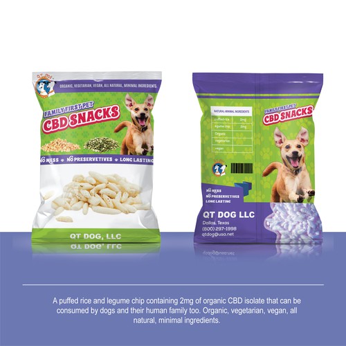 Snack bag packaging with the title 'Packaging for a family first pet CBD snacks'