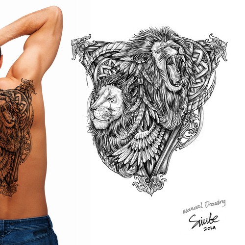 Grayscale design with the title 'Tattoo: Two Lions one Man'