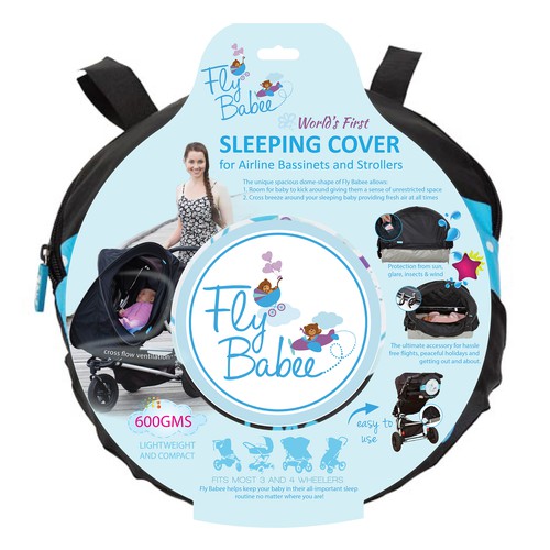 Baby packaging with the title 'Packaging for Sleeping Cover for Airplane Bassinets and Strollers'