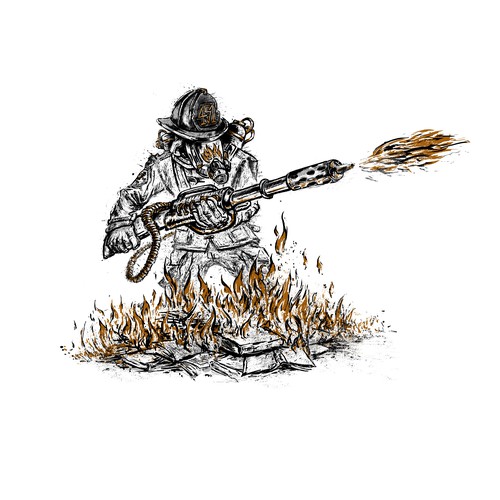 Burning design with the title 'FAHRENHEIT 451 - book illustration'