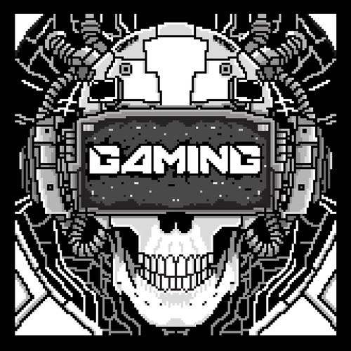 Pixel art design with the title 'Pixel Art Cyberpunk skull'