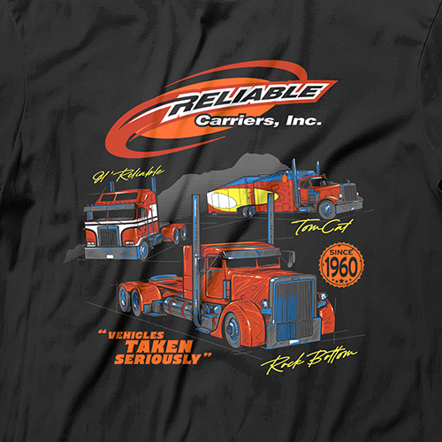 Car t-shirt with the title 'RELIABLE TRUCK CARRIERS T-SHIRT DESIGN'