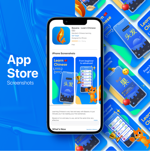 Product page design with the title 'App Store Screenshots Design for Chinese learning app'