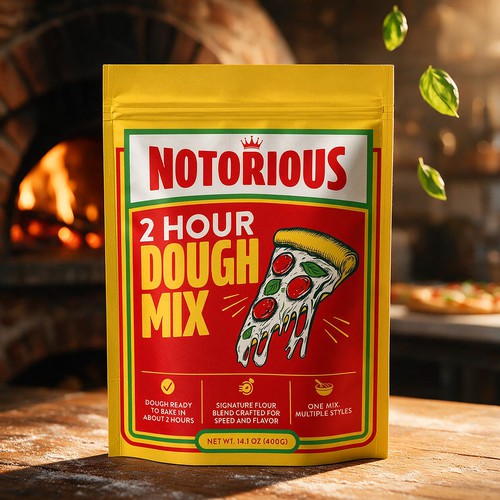 Design with the title 'Notorious – Dough Mix Pouch Packaging'