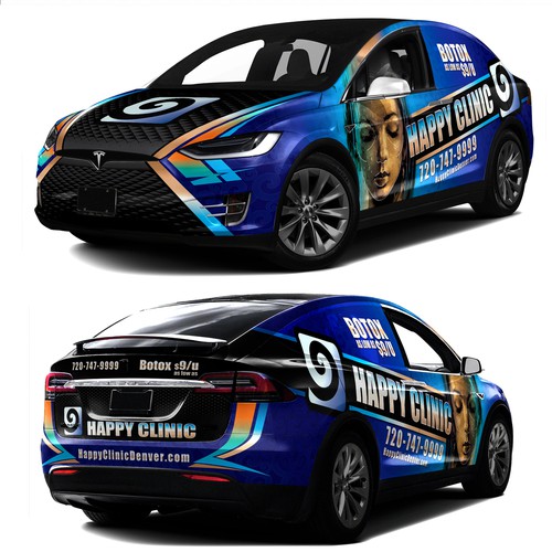 Tesla design with the title 'AWESOME CAR WRAP DESIGN for Happy Clinic'
