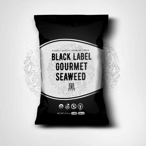 Seaweed design with the title 'Impactful Seaweed Snack Package Designs for Black Label Gourmet'