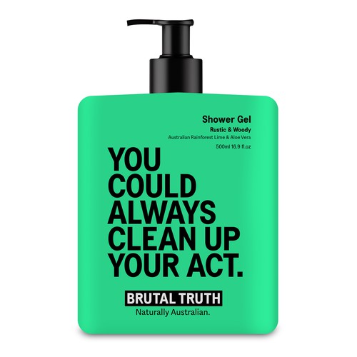 Skincare label with the title 'Brutal Truth Shower Gel'