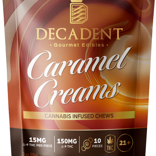 Gourmet design with the title 'Packaging for Cannabis Infused Chews, Caramel Cream Flavor'