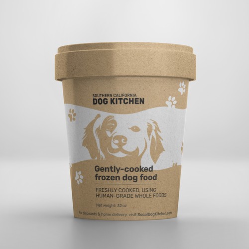Kraft paper packaging with the title 'Container for Frozen Dog Food'