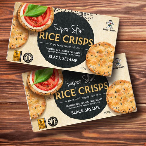 Food packaging with the title 'Rice Crisps Packaging'