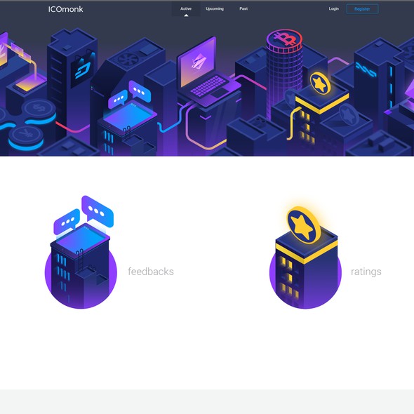 Isometric illustration with the title 'Isometric Digital Currency Town'