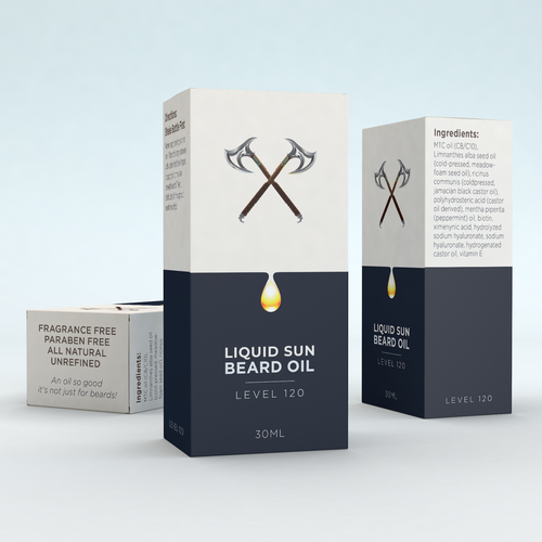 Oil packaging with the title 'Liquid Sun Beard Oil'