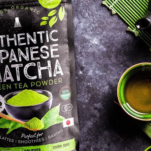Green packaging with the title 'Design for Matcha tea'