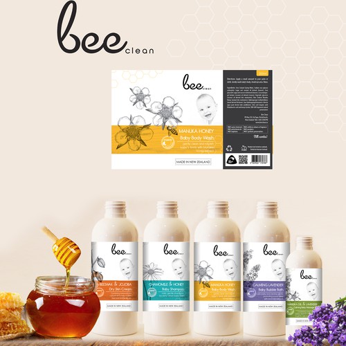 Lavender packaging with the title 'BEE CLEAN!... MODERN, CLEAN, EYE CATCHY, LABEL'