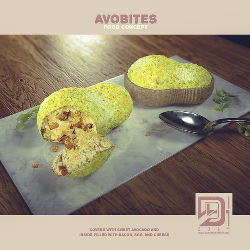 Desk design with the title 'Avobites food Concept'