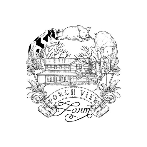 Pig design with the title 'Porch View Farm, Hand-drawn'