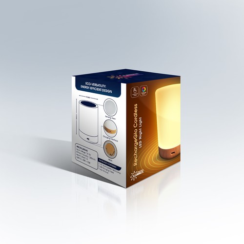 Mockup packaging with the title 'RechargeGlo Night lamp Product packaging design'