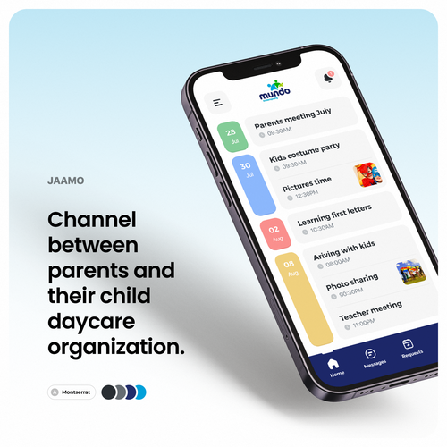 IPhone design with the title 'Kids schedule/kindergarden app'