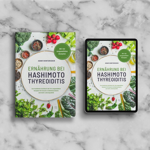 Recipe book cover with the title 'Book cover concept for a practical guide on nutrition for Hashimoto's thyroiditis'