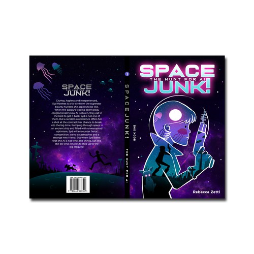 Funny book cover with the title 'Book cover, SpaceJunk! vol.1 by Rebecca Zettl'