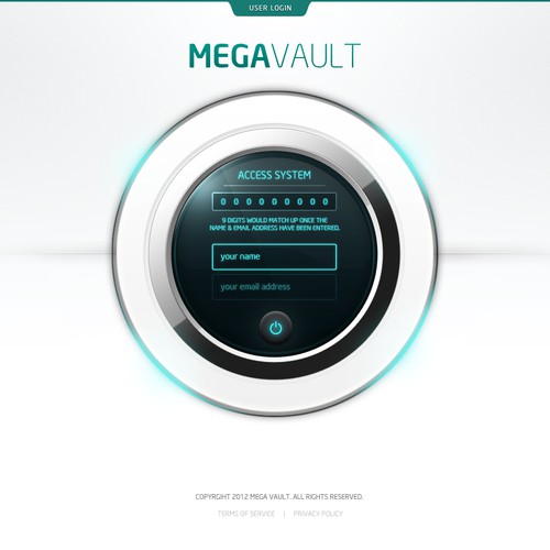 Futuristic website with the title 'Create the next website design for www.megavault.com'