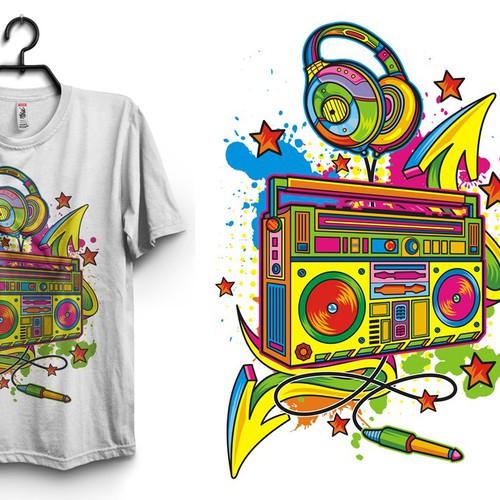 Full-color design with the title 'Boom box, creative patterns/colors maybe graffiti, trendy. '