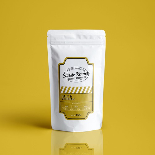 Retail label with the title 'PACKAGING LABEL FOR CLASSIC KERNELS'