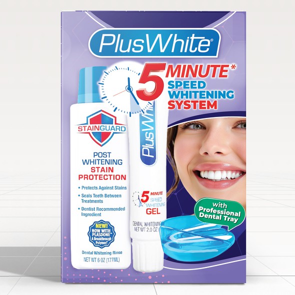 Redesigned packaging with the title 'Plus White 5 Minute Whitening System PackagingRedesign'