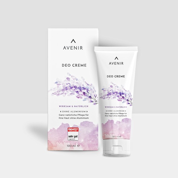 Natural cosmetics packaging with the title 'Avenir Deo Creme design'