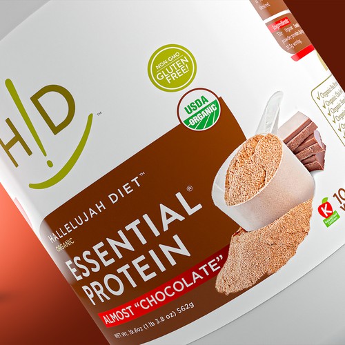 Vegan label with the title 'Hallelujah Diet Chocolate Protein Label'