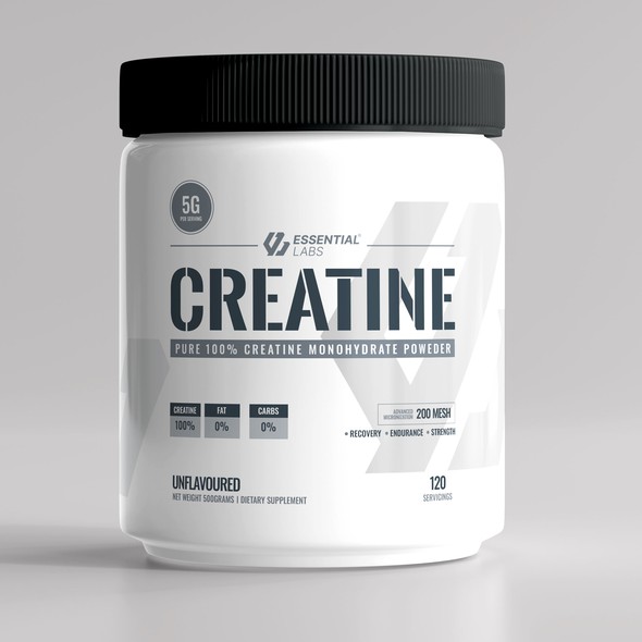 Supplement design with the title 'Essential Labs - Creatine'