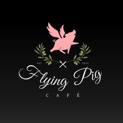 Pig logo with the title 'Whimsical and upscale logo for Flying Pig Cafe'