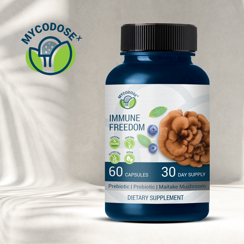 Green label with the title 'Label&logo design for Mycodose'