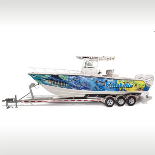 Fishing boat design with the title 'Boat wrap design for Fishaholic'