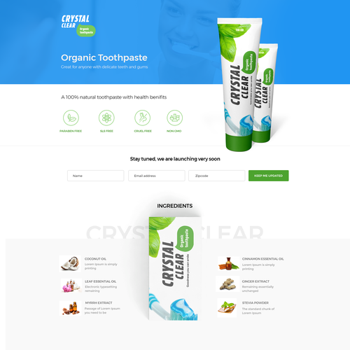 Toothpaste design with the title 'Natural Toothpaste  landing page '
