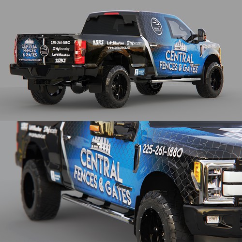 Blender 3D design with the title 'Central Fences & Gates Ford F250 full wrap design'