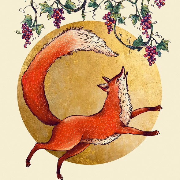 Fox artwork with the title 'The fox and the grapes'
