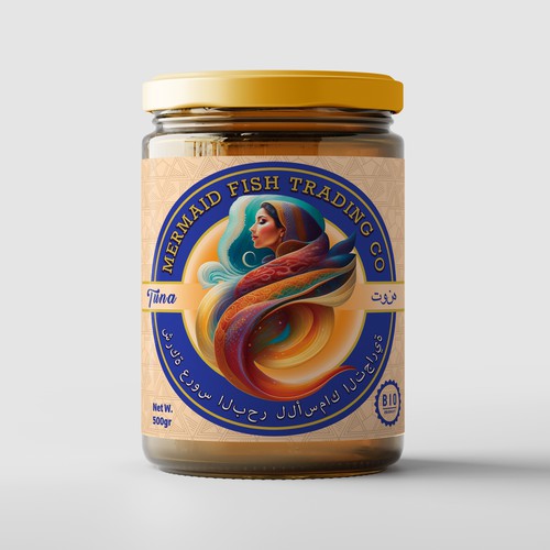Ethnic design with the title 'Yemeni Mermaid Fish Tuna Jar Label Design'