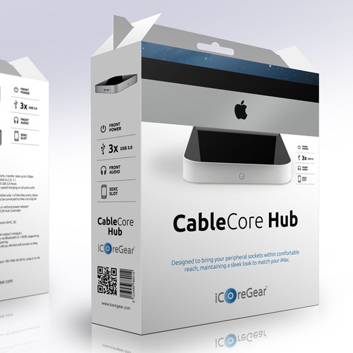 Apple packaging with the title 'Package Design: Cable Core Hub'