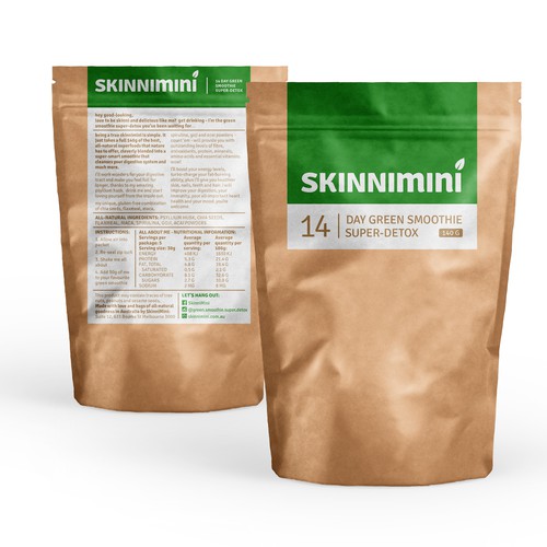 Smoothie label with the title 'MINIMALIST PACKAGE LABEL DESIGN - A superfood blend powder for your favourite green smoothie'