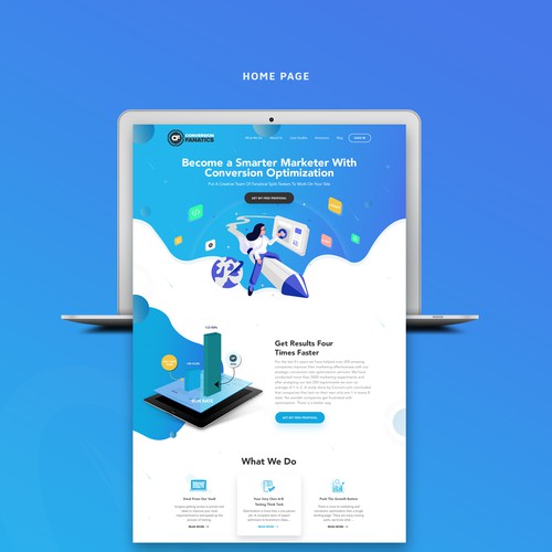 Dashboard design with the title 'Conversion Fanatics needs a bold new home page design'