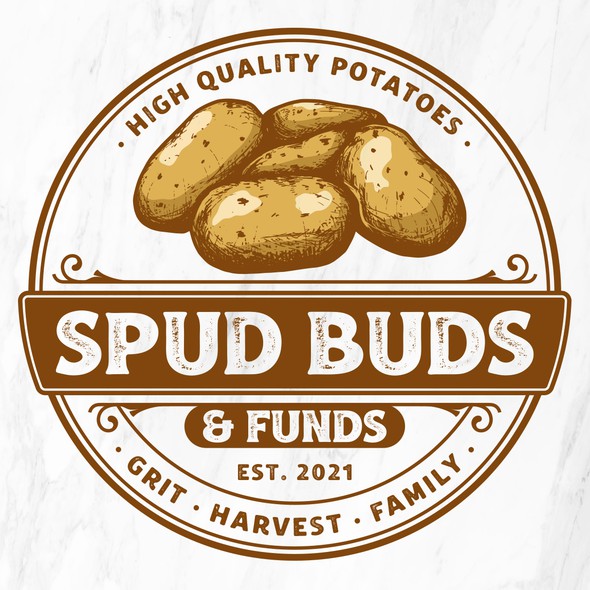 Yellow and brown design with the title 'Spud Buds & Funds'