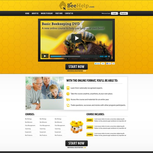 Yellow website with the title 'Awesome Designer Needed To Help This Ugly Beekeeping Website's Home Page - BeeHelp.com'