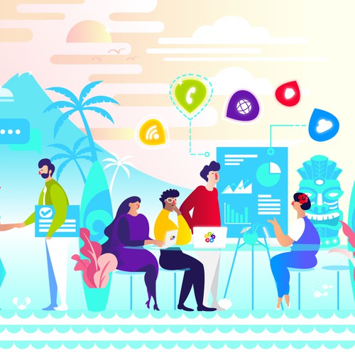 Vibrant artwork with the title 'web illustration for a Hawaiian Telecom Provider'