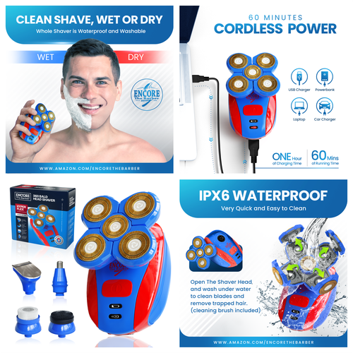 Ad design with the title 'Encore The Barber Bald Shaver'