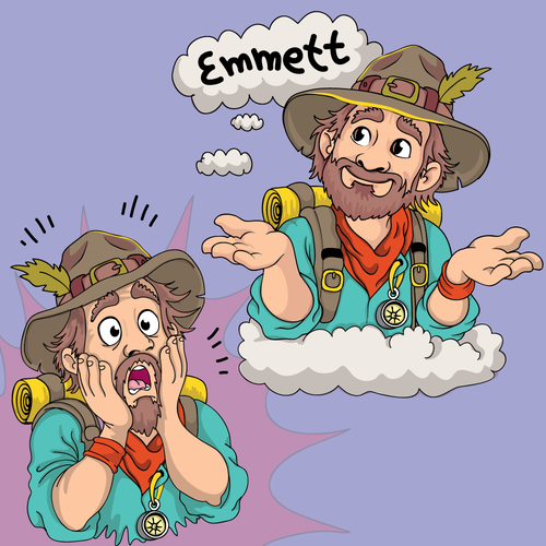 Cartoon design with the title 'Calling All Character Artists! Make "Emmett" Unforgettable: A Wise, Warm, and Wonderful Mascot!'