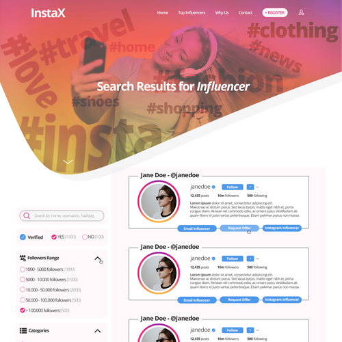 Pink website with the title 'Search Results Page'