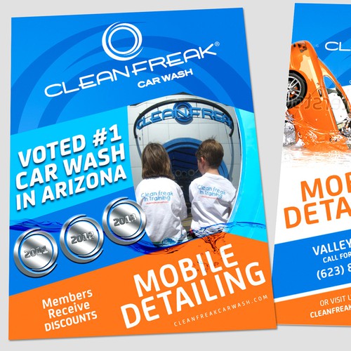 Car wash design with the title 'Voted best car wash in Arizona is launching mobile detailing'