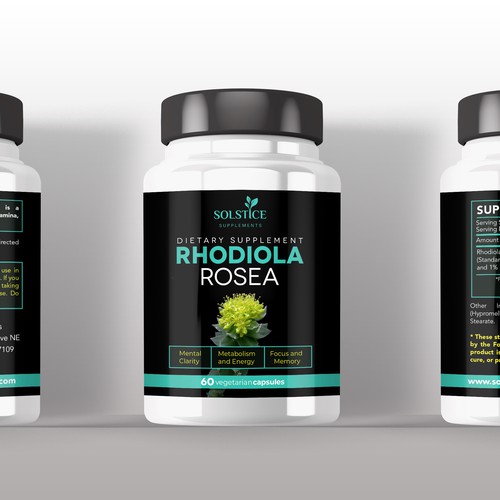 Black label with the title 'Rhodiola Rosea Label Design'