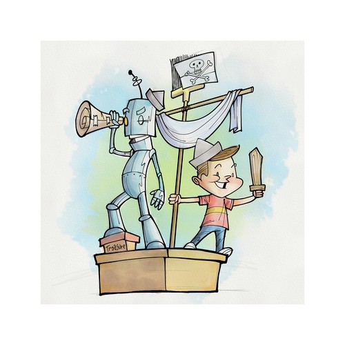 Comic artwork with the title 'Ink and watercolor illustration of a boy and his Robot Pal'